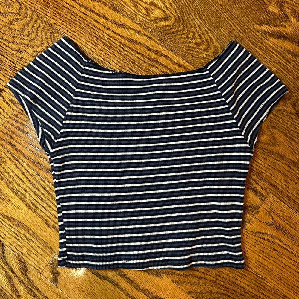 Brandy Melville dark blue/green/white striped off the shoulder crop top
